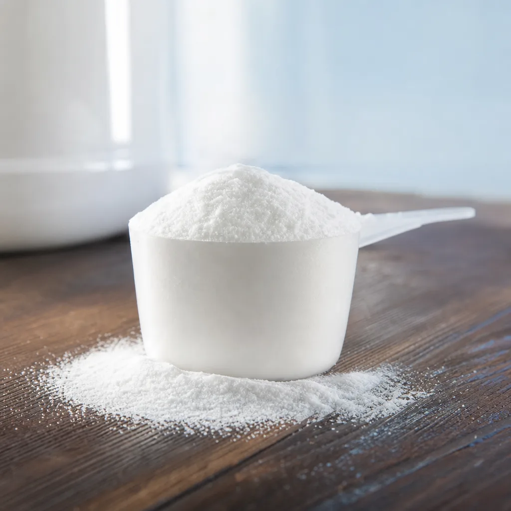 scoop of white amino acid powder on a dark wooden surface with soft side light
