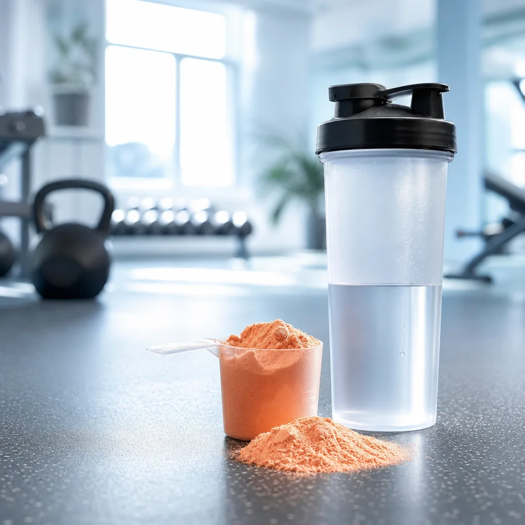 scoop of orange colored preworkout powder next to a shaker bottle on a gym floor