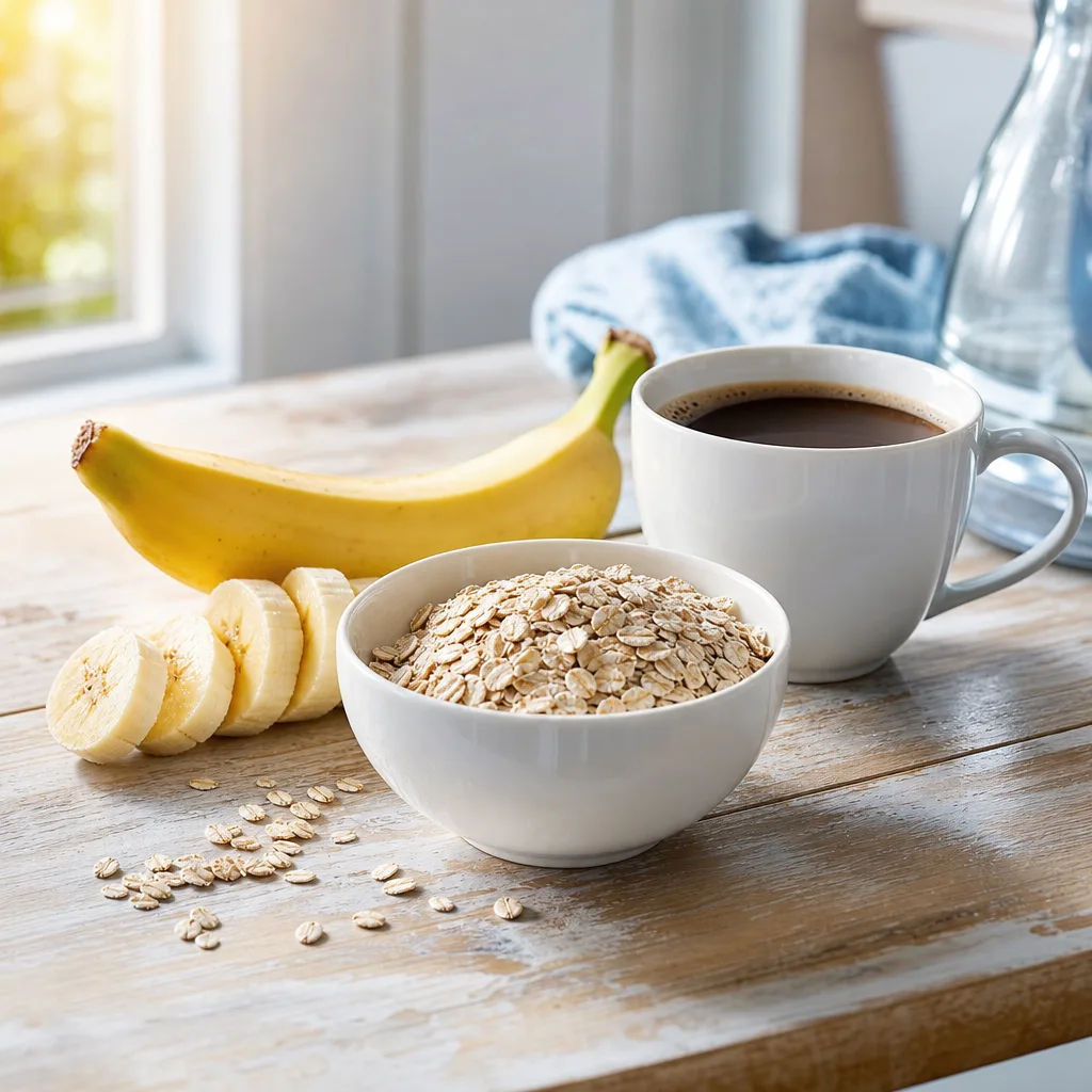banana, oats and a cup of coffee on a wooden table, morning light