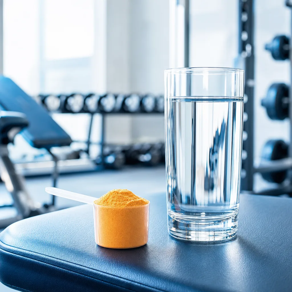 measuring scoop with orange colored powder next to a glass of water on a gym bench