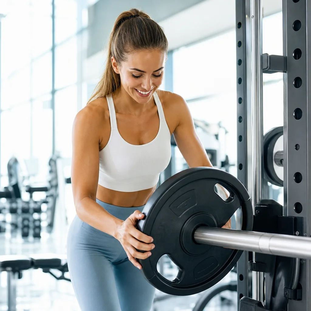 Smiling woman in sportswear adding a weight plate to a barbell in a bright gym