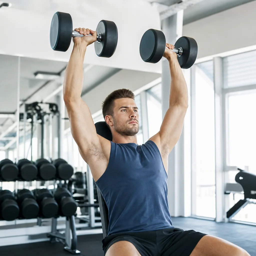 Man in athletic wear doing a dumbbell shoulder press with focused expression in a bright gym
