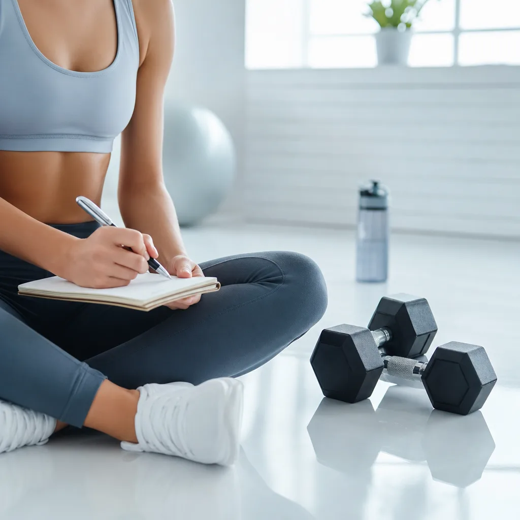 Woman tracking her workout progress in a notebook next to dumbbells in a bright room