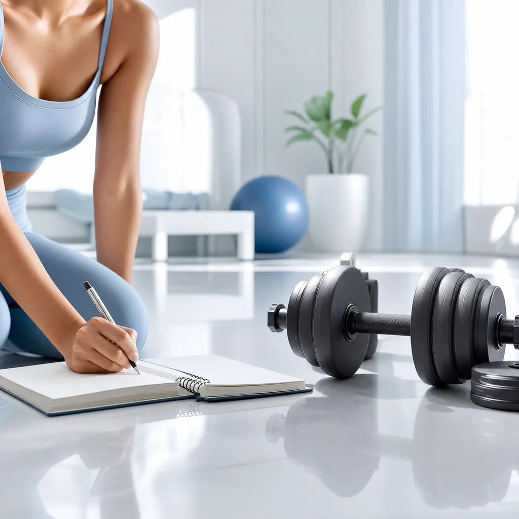 Woman writing workout numbers in a training log next to a set of dumbbells in a bright room