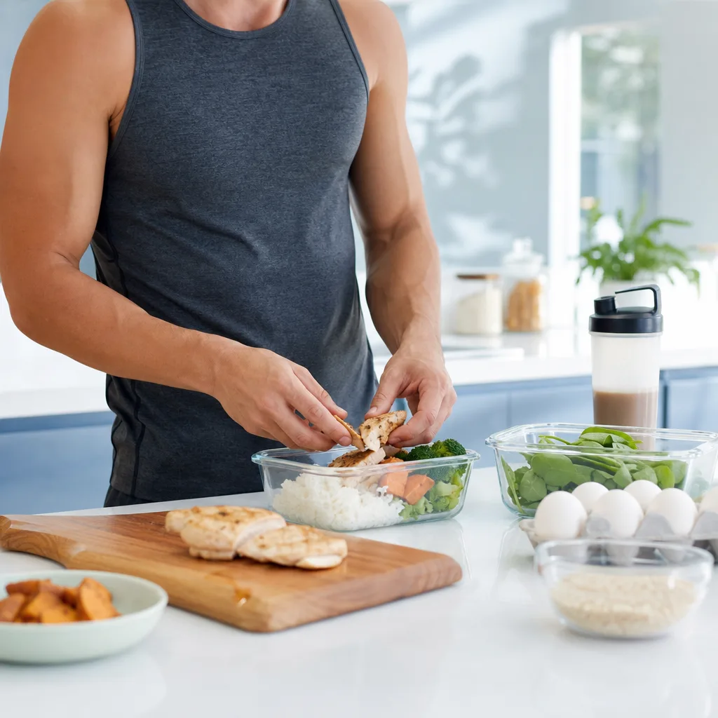 Man preparing a protein rich meal in a bright kitchen after a strength training session