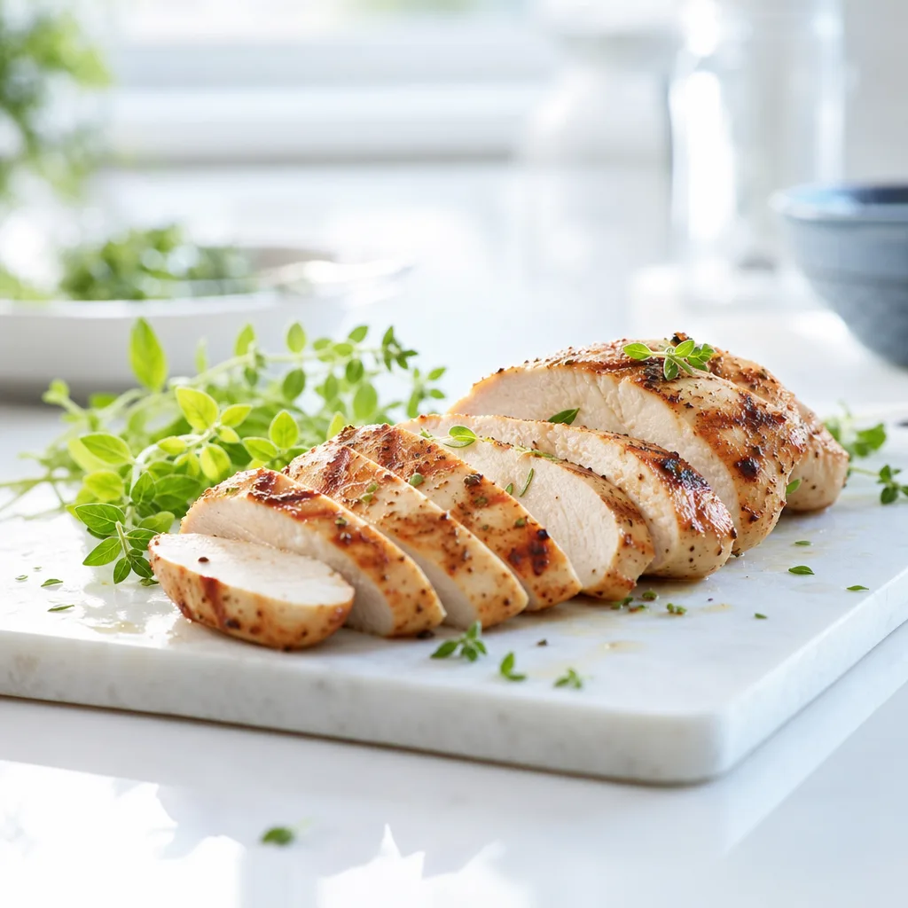 Grilled chicken breast sliced on a cutting board with fresh herbs