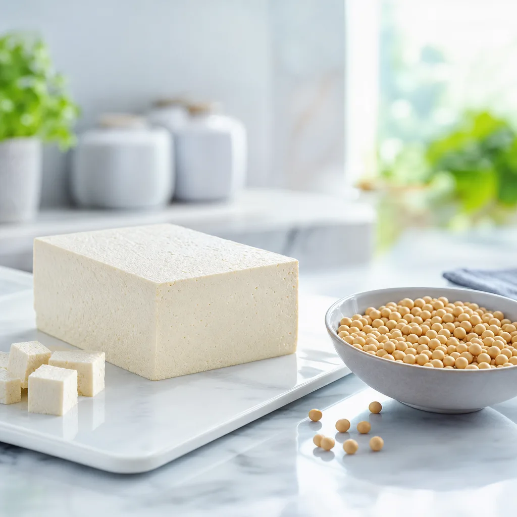 Wooden block of tofu next to a small bowl of soybeans on a kitchen counter