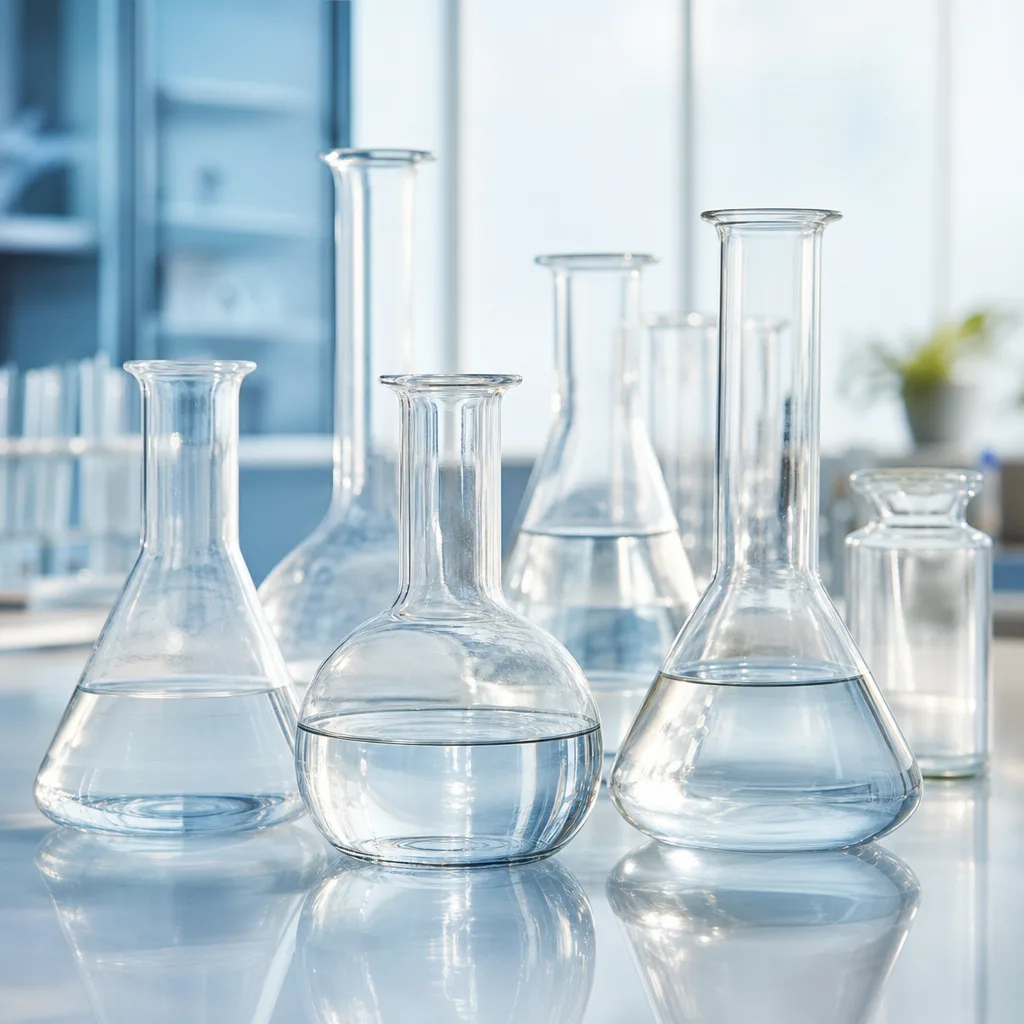 vintage style glass laboratory beakers with clear liquid, muted lighting, no readable labels