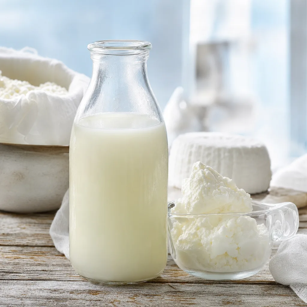 glass bottle of whey liquid next to fresh cheese on a rustic wooden table