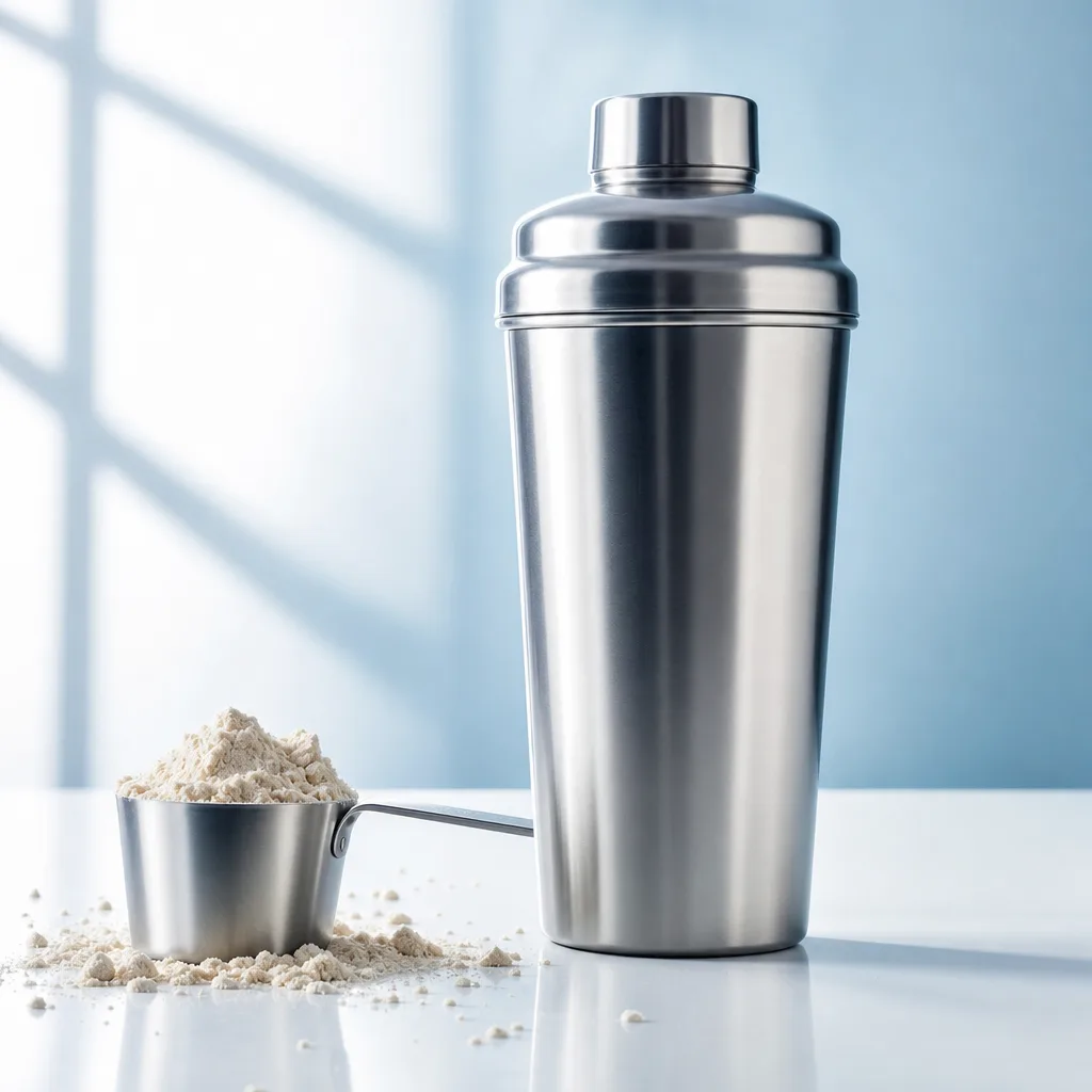 old style metal shaker cup and scoop on a plain background, product photography style