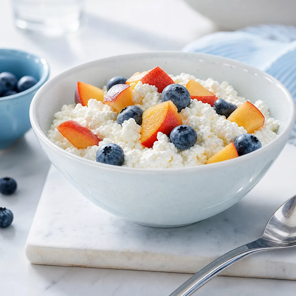 Bowl of soft cottage cheese with soft fruit pieces on a table, gentle daylight
