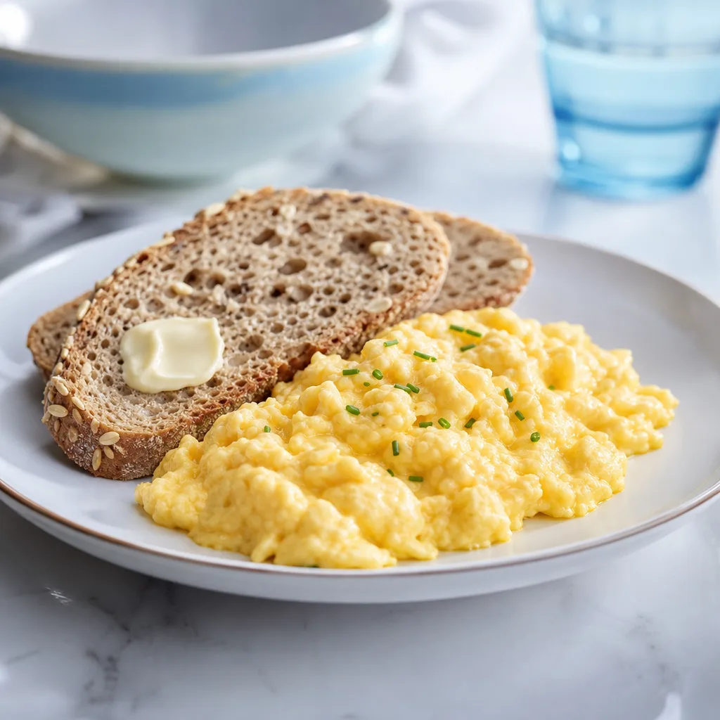 Soft scrambled eggs on a plate with wholegrain bread, soft natural light