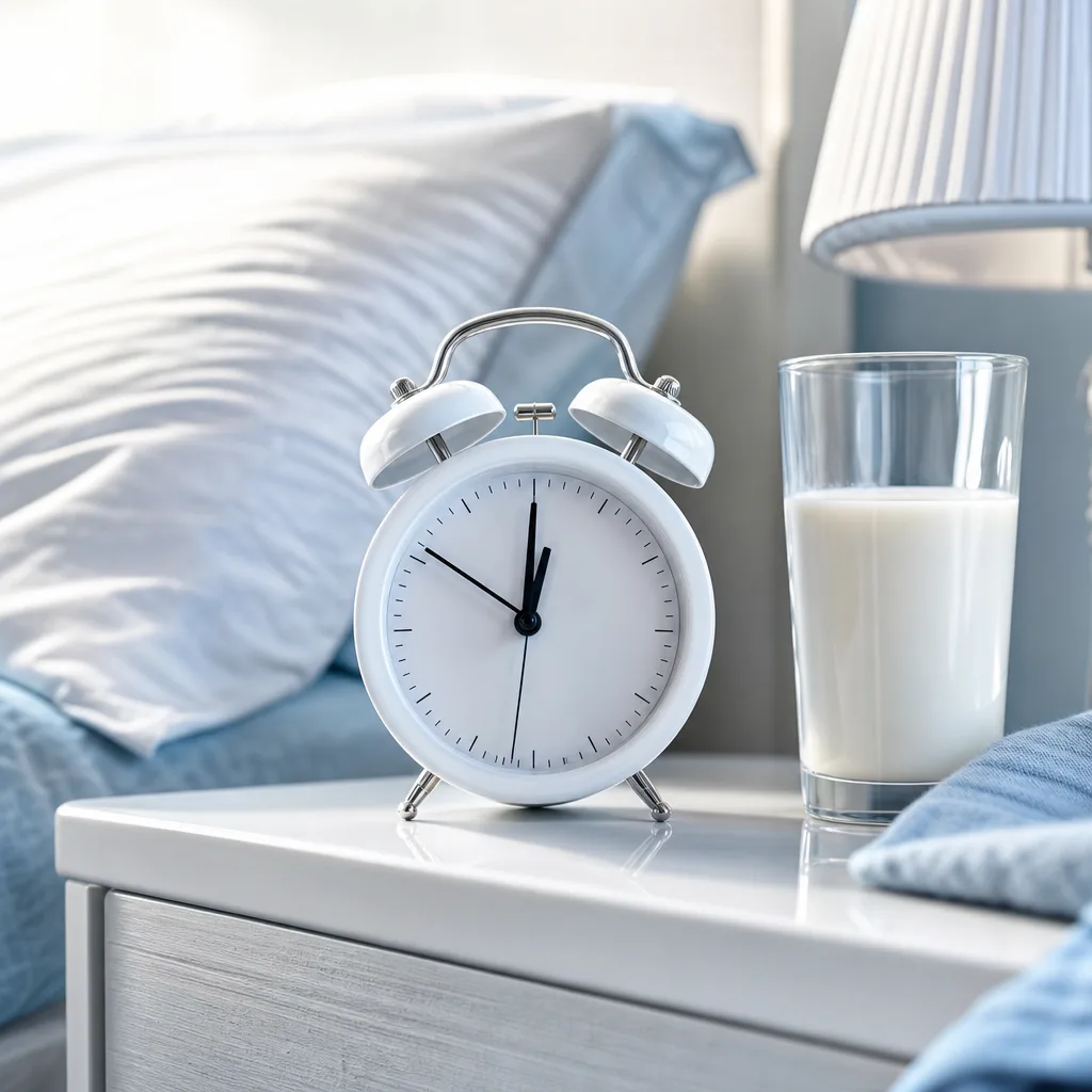 Alarm clock on a nightstand next to a glass of milk, soft evening light