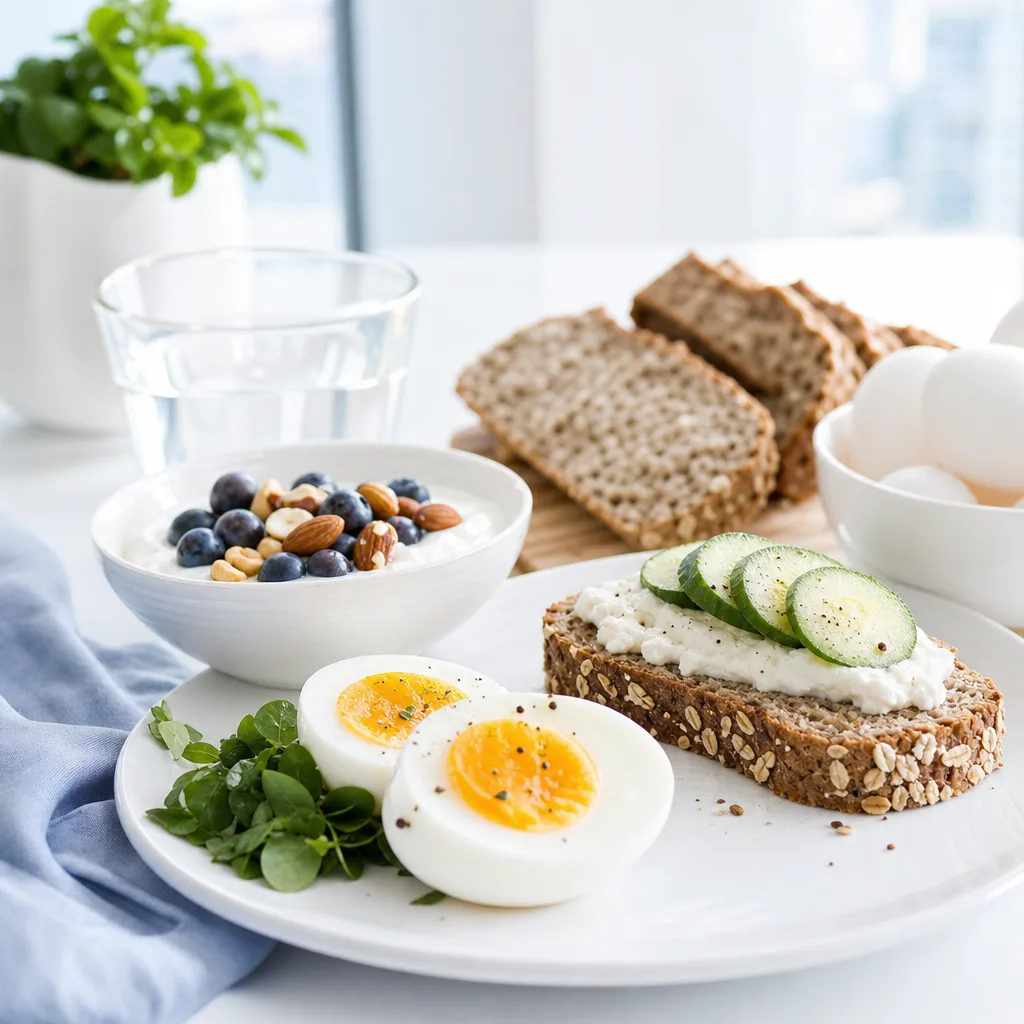Breakfast table with eggs, wholegrain bread and yogurt, natural morning light