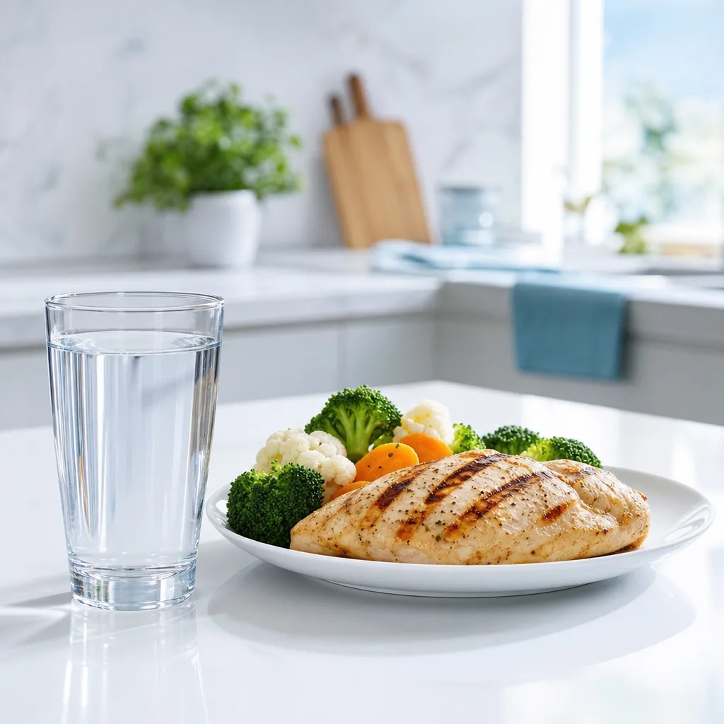 glass of water next to a plate of grilled chicken and steamed vegetables, clean kitchen setting