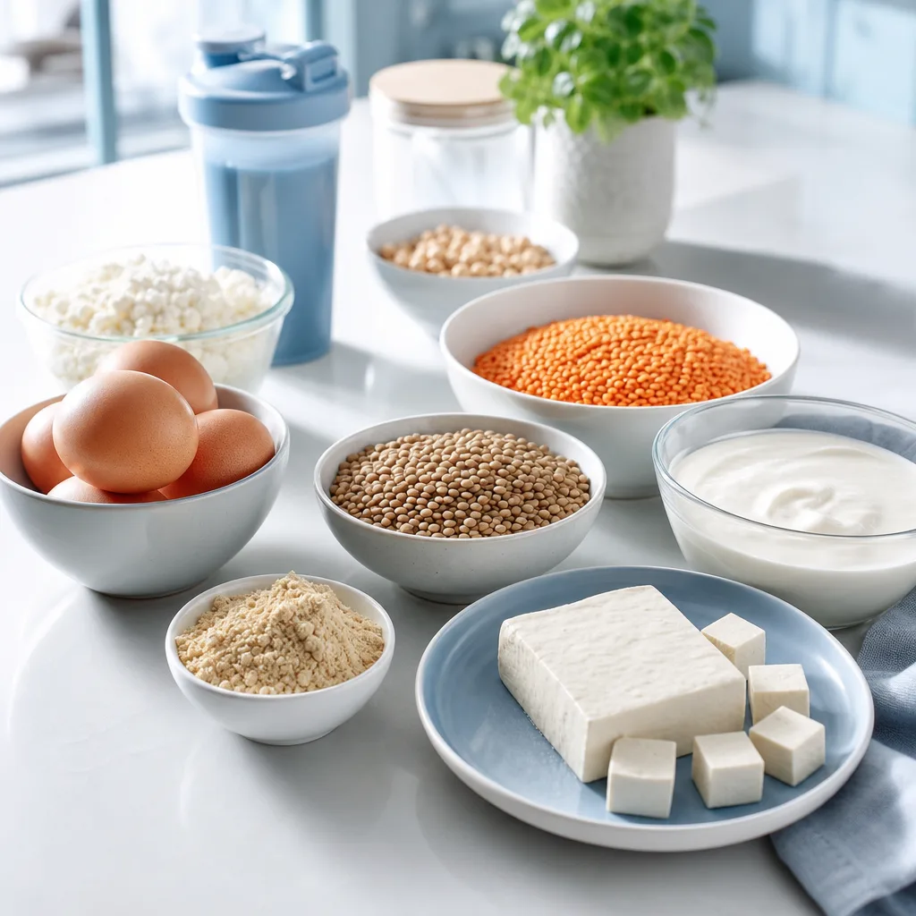 assorted protein foods including eggs, lentils and tofu arranged on a kitchen counter