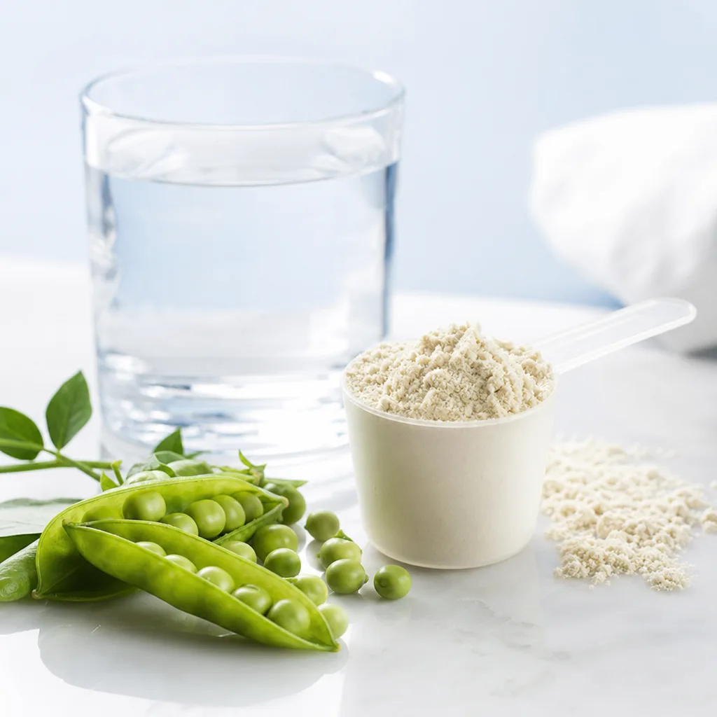 scoop of protein powder next to raw peas and a glass of water, plain background