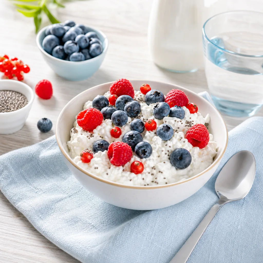 Bowl of quark with fresh berries and a spoon on a light wooden table
