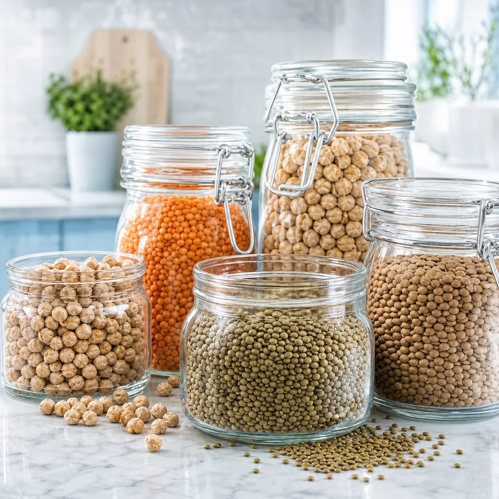 Assortment of lentils and chickpeas in glass jars on a kitchen counter