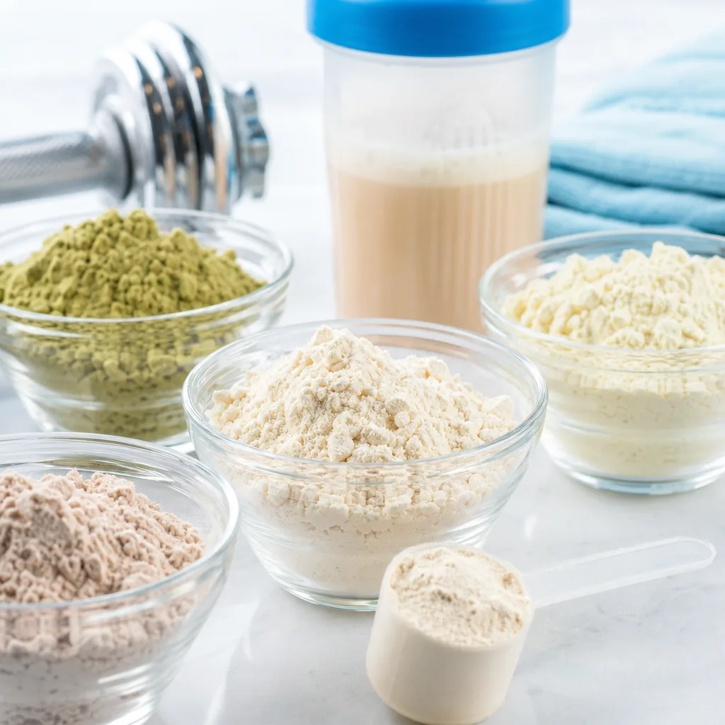 Several small glass bowls with different protein powders in white, beige and green tones on a light surface