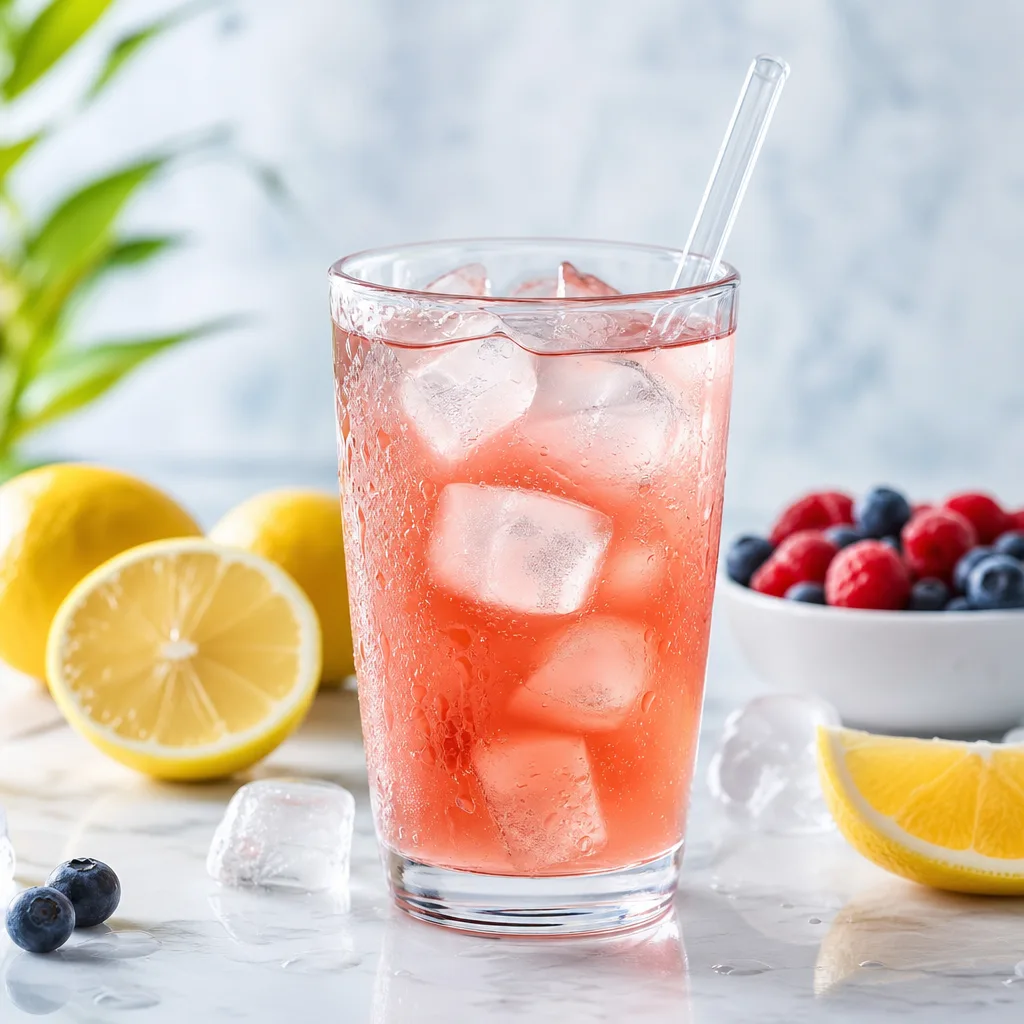 Clear glass with translucent fruity protein drink, ice cubes and a straw on a light background