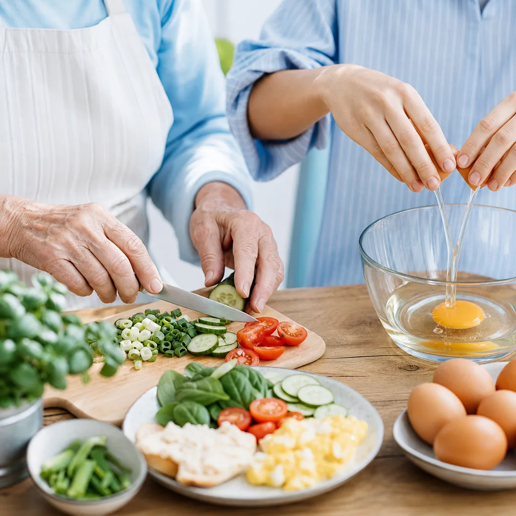 Elderly and younger hands together preparing a simple meal with eggs and vegetables on a wooden table