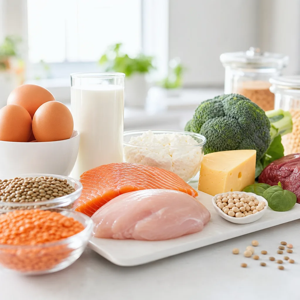 Assorted protein-rich foods including eggs, lentils and a glass of milk laid out on a light countertop
