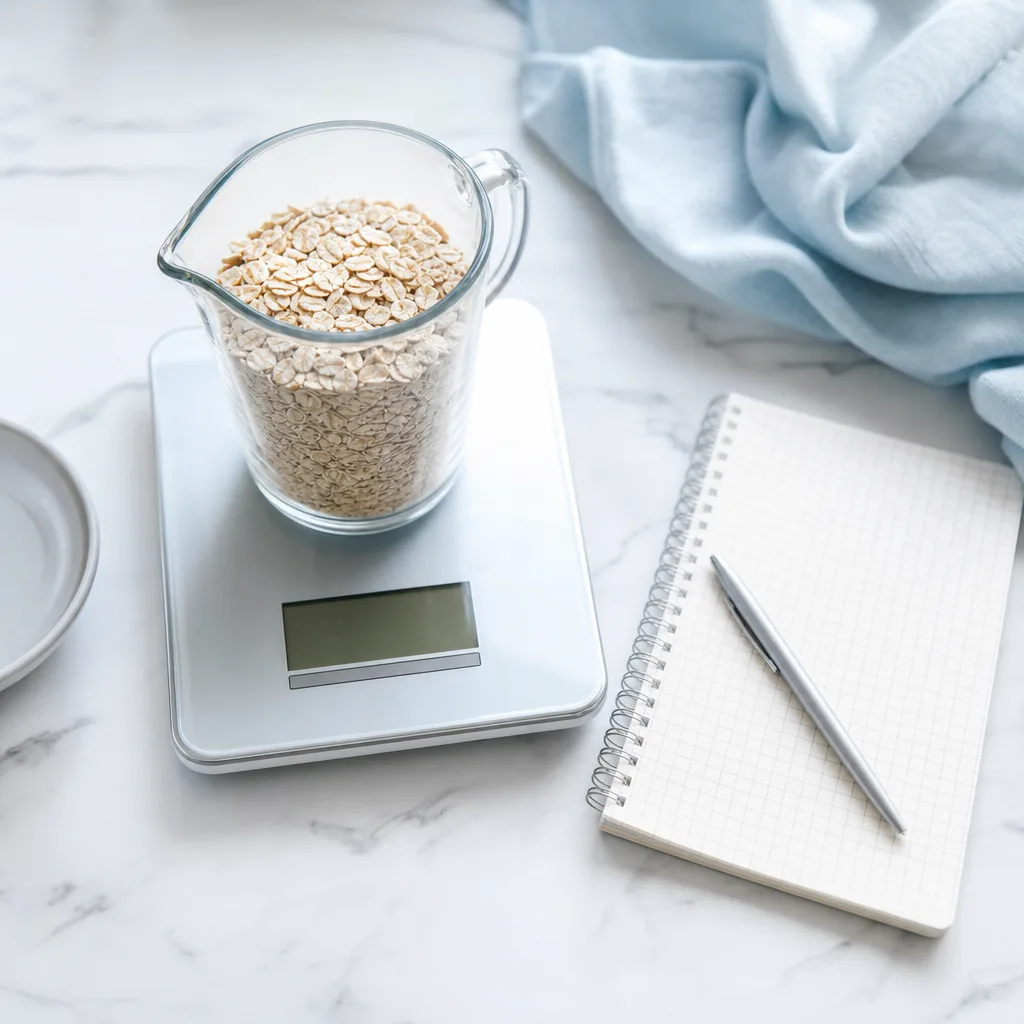 Kitchen scale with measuring cup of oats and a small notebook, minimal flat lay, natural light