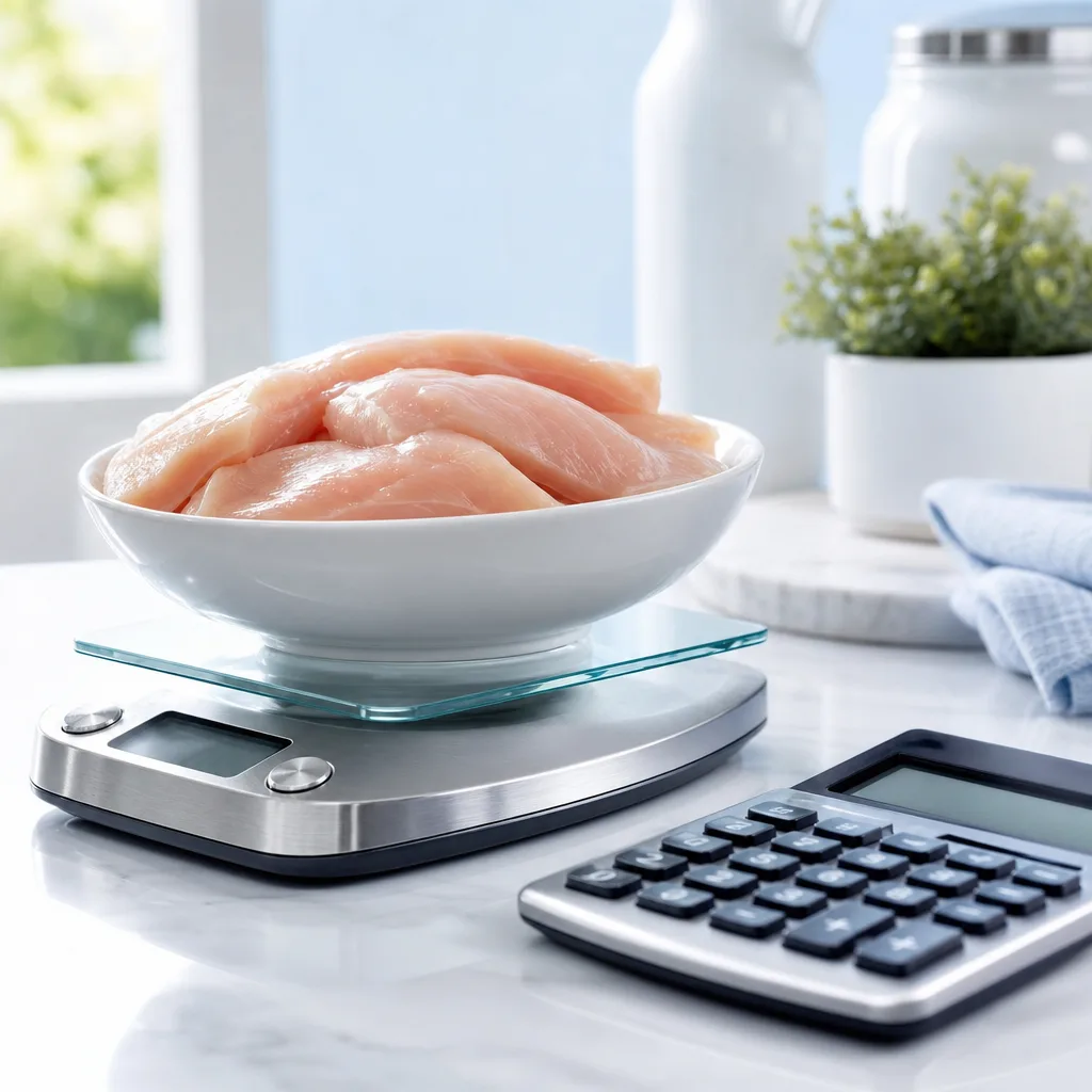 kitchen scale with a bowl of chicken breast and a calculator on the side