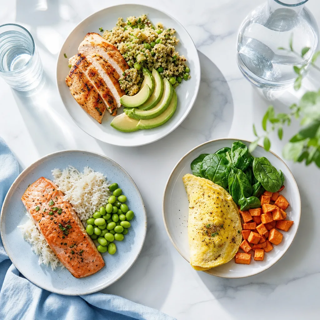 three small meal plates with protein rich foods arranged on a table, overhead view