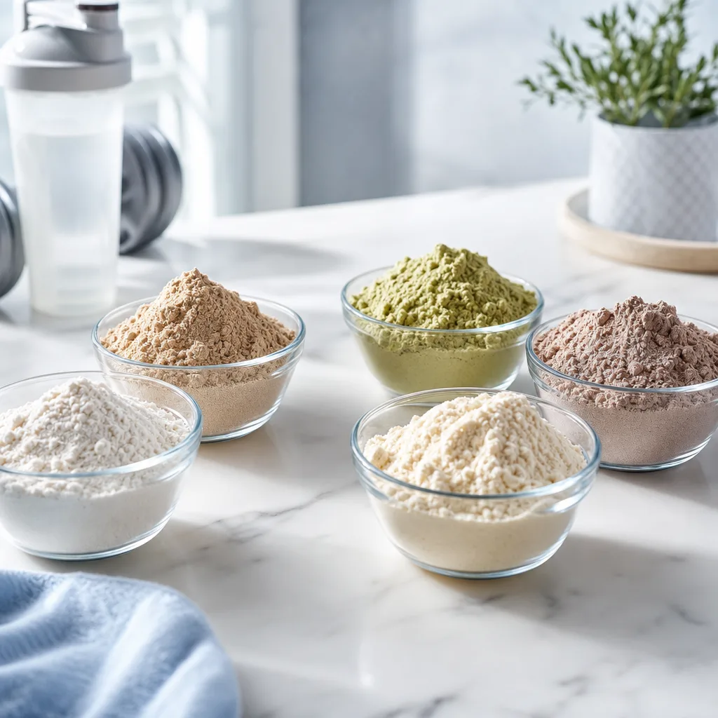 several small bowls with different colored protein powders arranged on a table