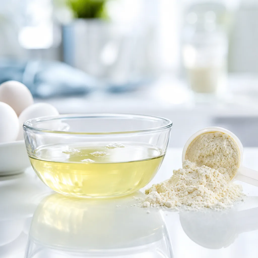 egg whites in a glass bowl next to a scoop of powder on a kitchen table