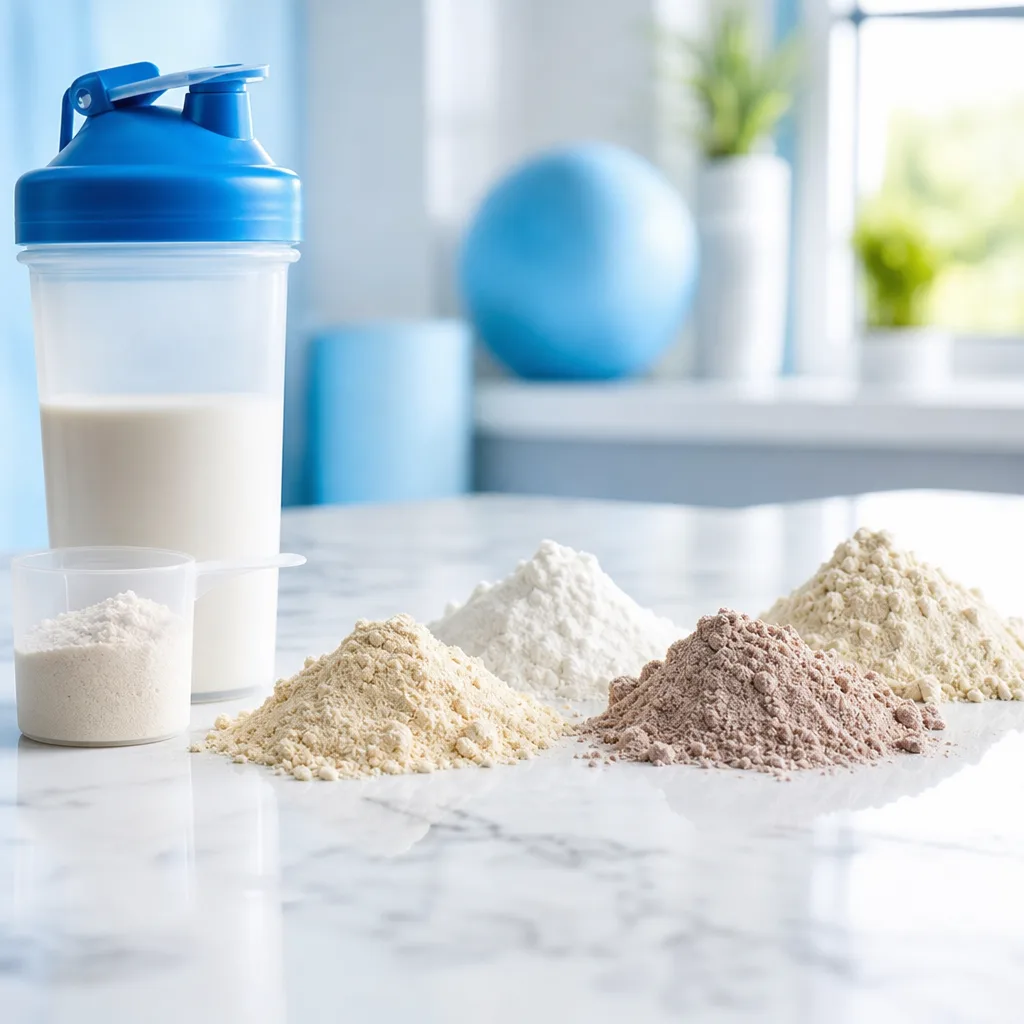 shaker bottle and measuring scoop next to different protein powders on a counter