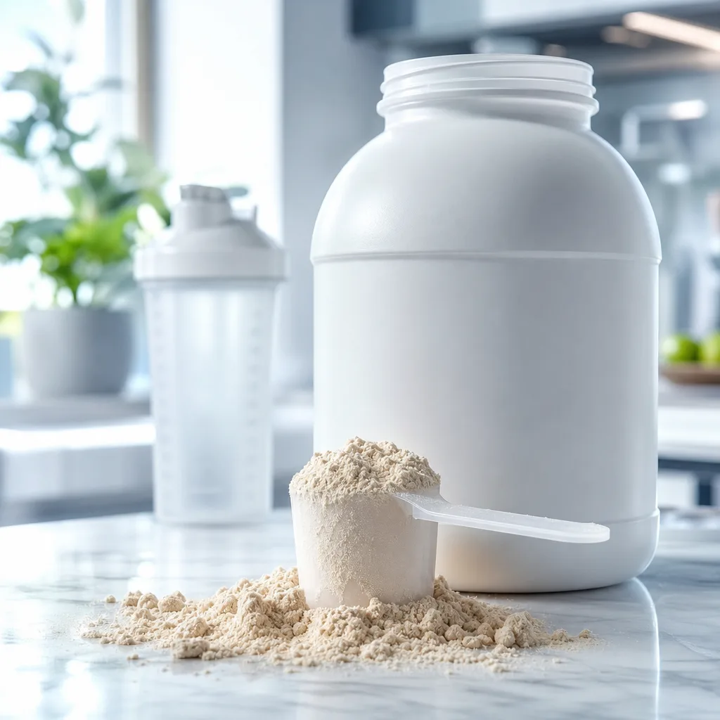 Close-up of a protein powder tub with scoop and powder spilled on a kitchen counter, no visible logo