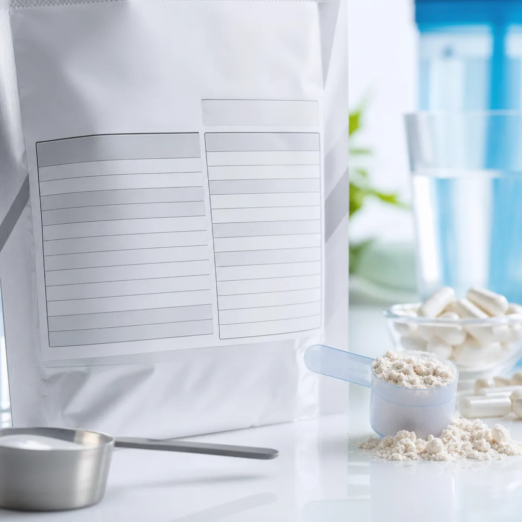 Flat lay of an ingredients list and nutrition table printed on packaging, no readable text visible