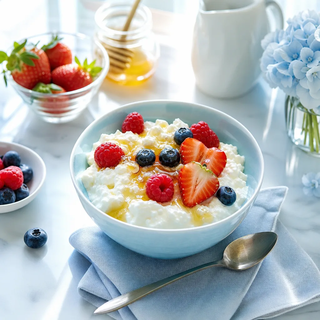 bowl of quark topped with fresh berries and a drizzle of honey, morning light on kitchen table