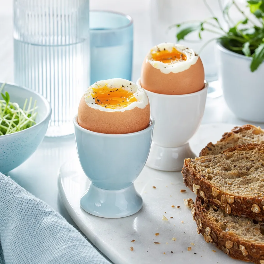 soft boiled eggs in egg cups on a breakfast table with wholegrain bread