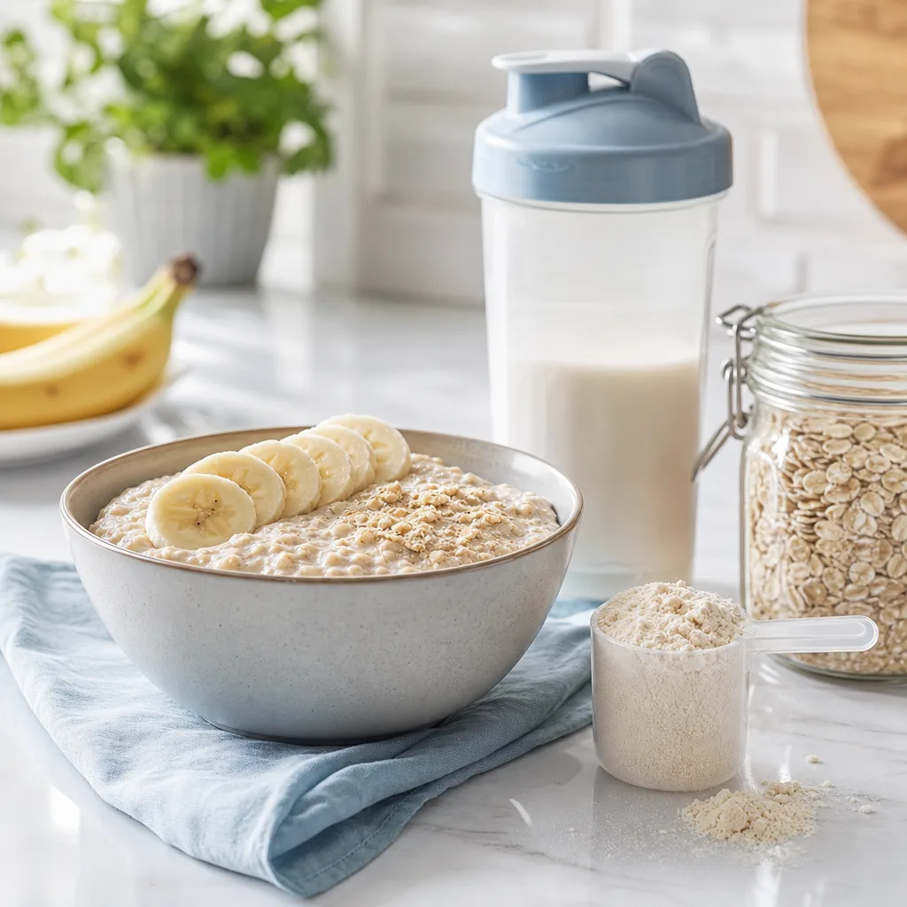 bowl of oat porridge with sliced banana and a scoop of protein powder beside it, cozy kitchen setting