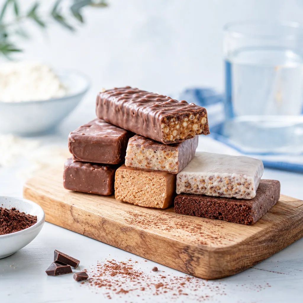 protein bars stacked on a wooden board with cocoa powder dusted around