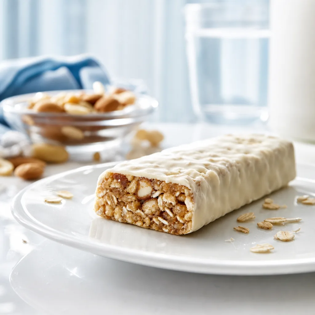 close-up of a protein bar with visible nuts and oats inside on a plate