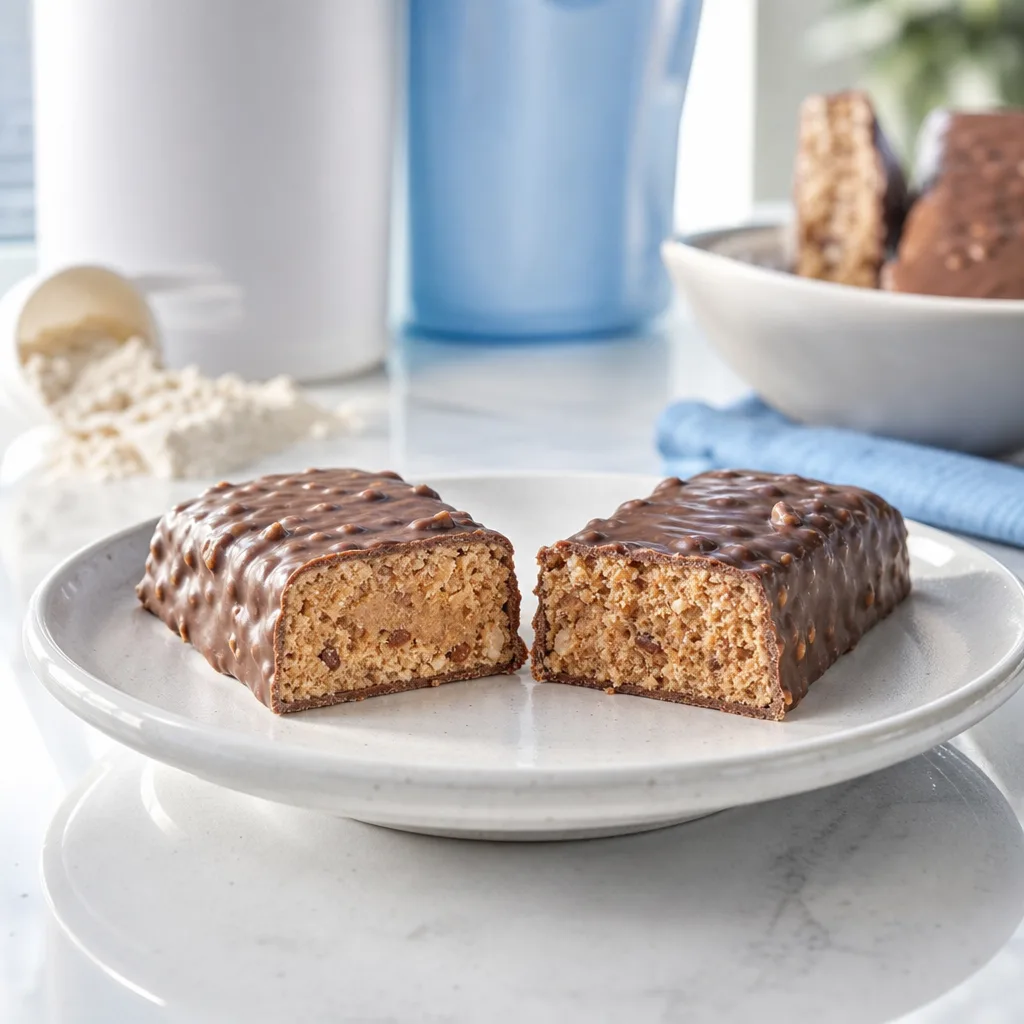 single protein bar cut in half showing the inside texture on a plate