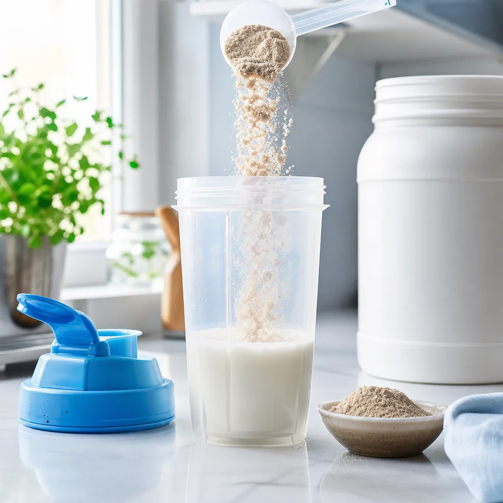 Protein shaker bottle with powder and milk on a kitchen counter, morning light