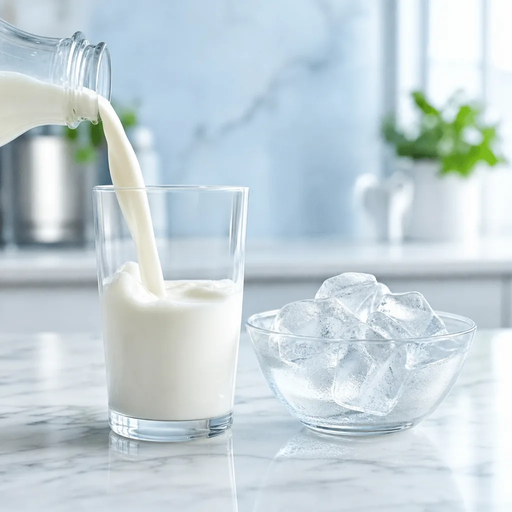 Glass of milk being poured next to a bowl of ice cubes on a marble counter