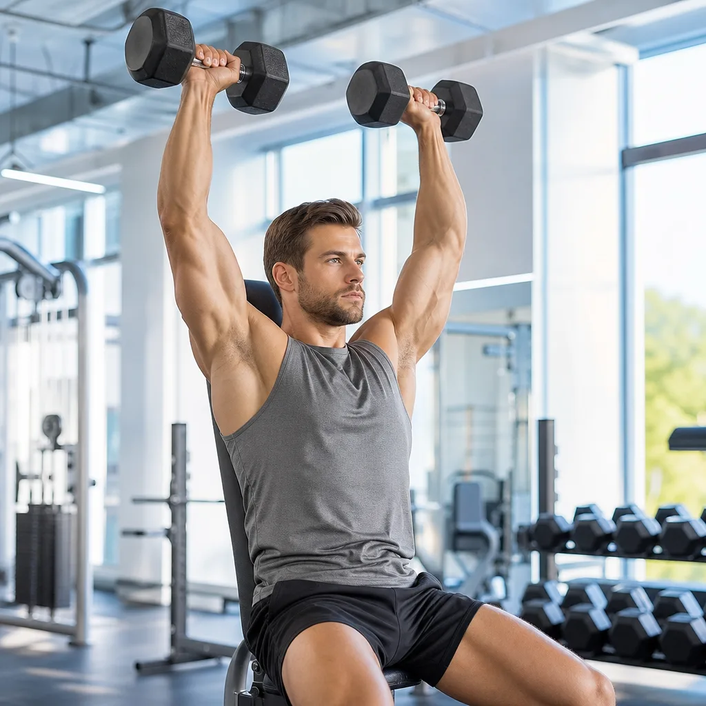 fit man in athletic wear doing a shoulder press with dumbbells in a bright gym