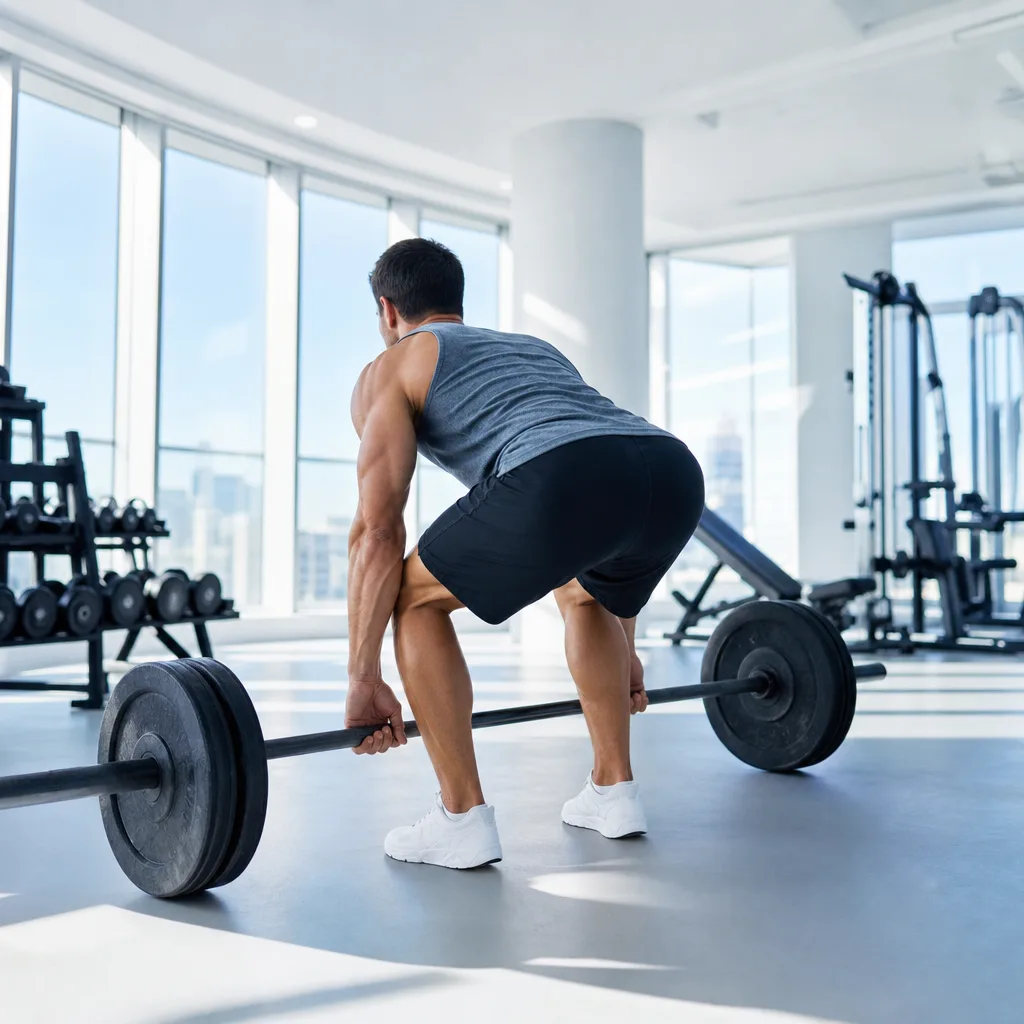 man performing a deadlift with a barbell in a bright gym with large windows