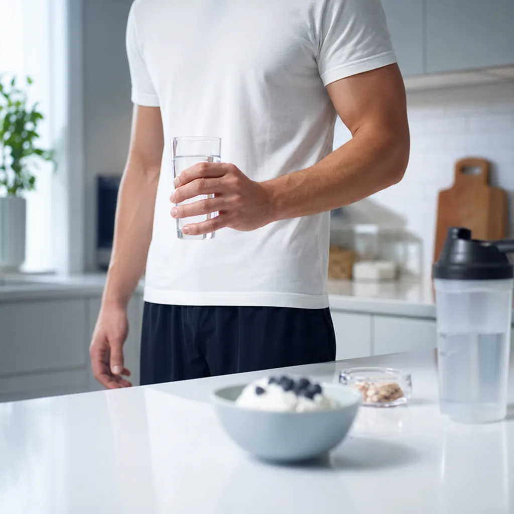 Man drinking a glass of water in a bright kitchen in the evening before going to bed