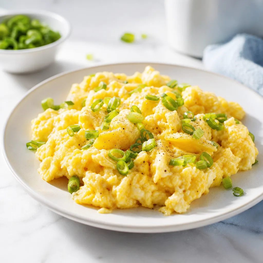 close-up of fluffy scrambled eggs with chopped spring onions on a plate, morning light