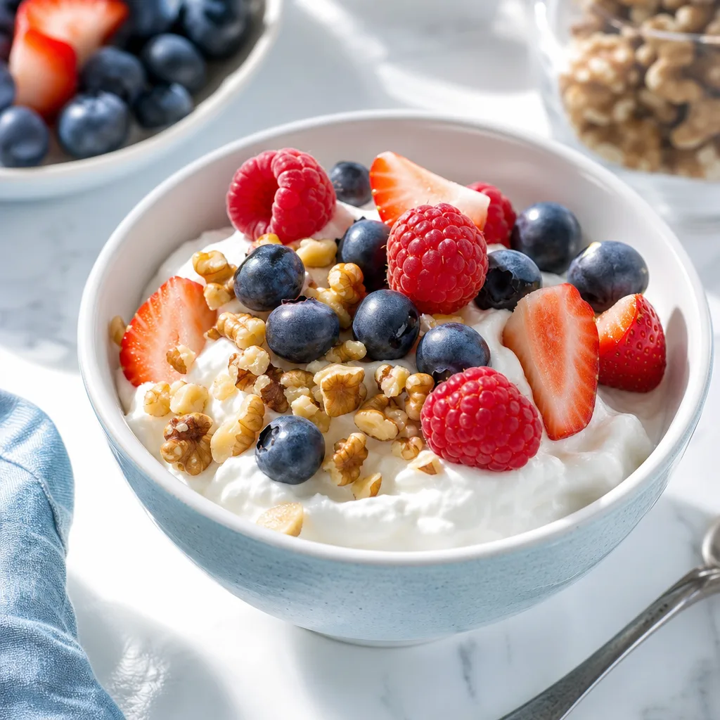 bowl of skyr topped with mixed berries and chopped walnuts, bright natural light