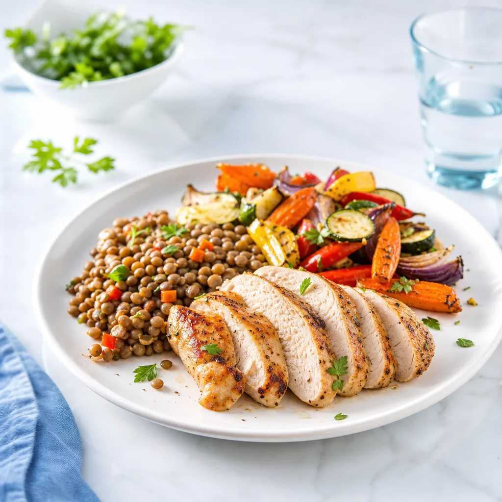 roasted chicken breast sliced beside lentils and oven-roasted vegetables on a plate
