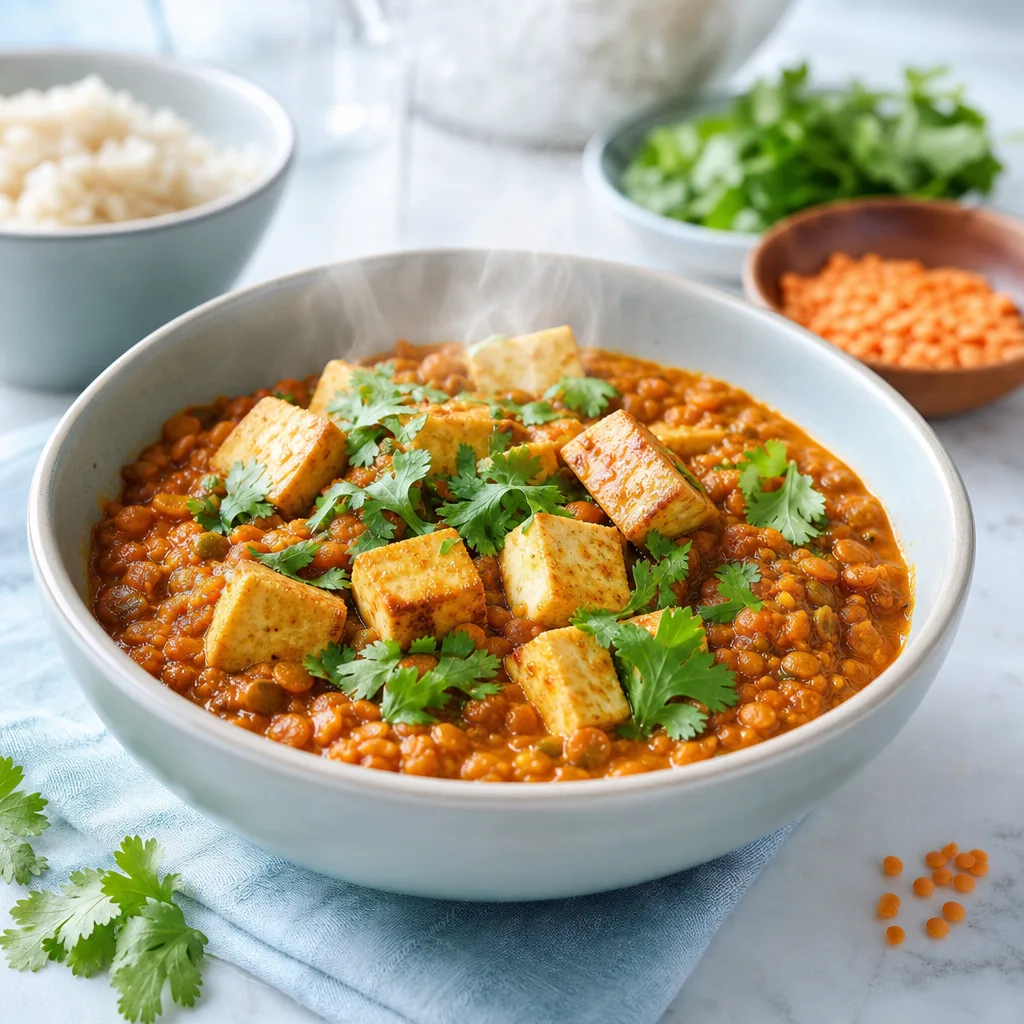 bowl of red lentil curry with cubes of tofu, cilantro on top, steam rising